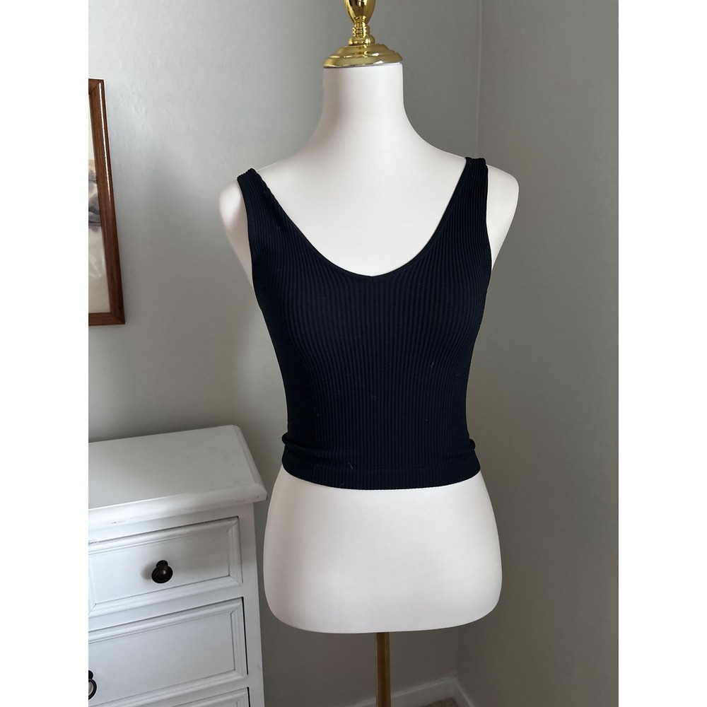 Black Ribbed Crop Tank Top‎ V Neck Sleeveless Basic Minimalist Streetwear Summer